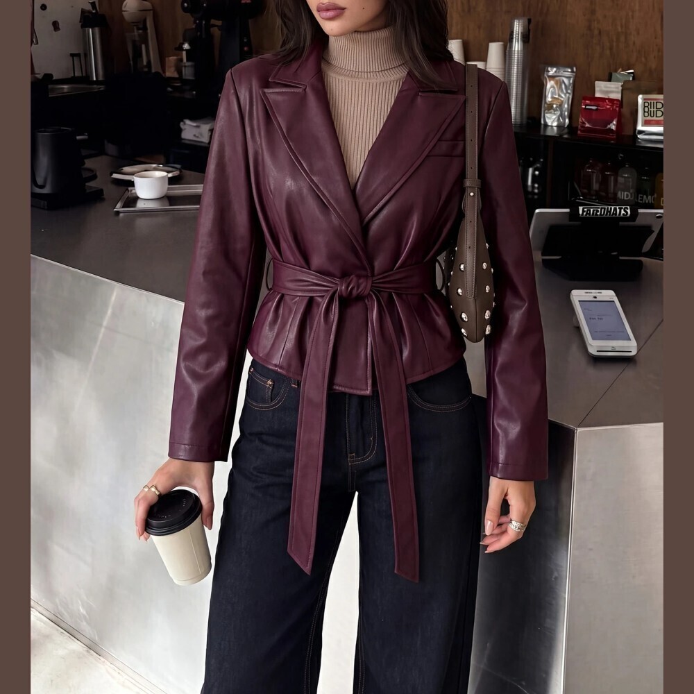 Burgundy Faux Leather Belted Blazer with Notched Lapel Collar